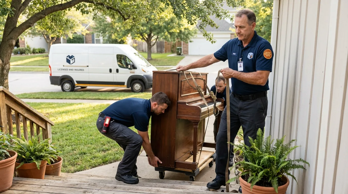Licensed piano movers securing grand piano in Wendell, NC
