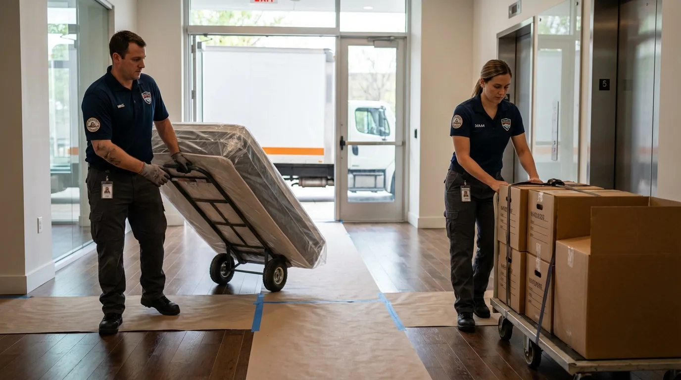 Professional apartment movers loading elevator in Wendell, NC